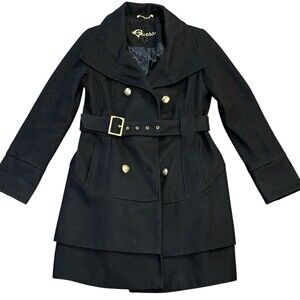 Guess Pea Coat Women's Sz M Black Wool Shell Lined Jacket W/ Belt & Gold Buttons